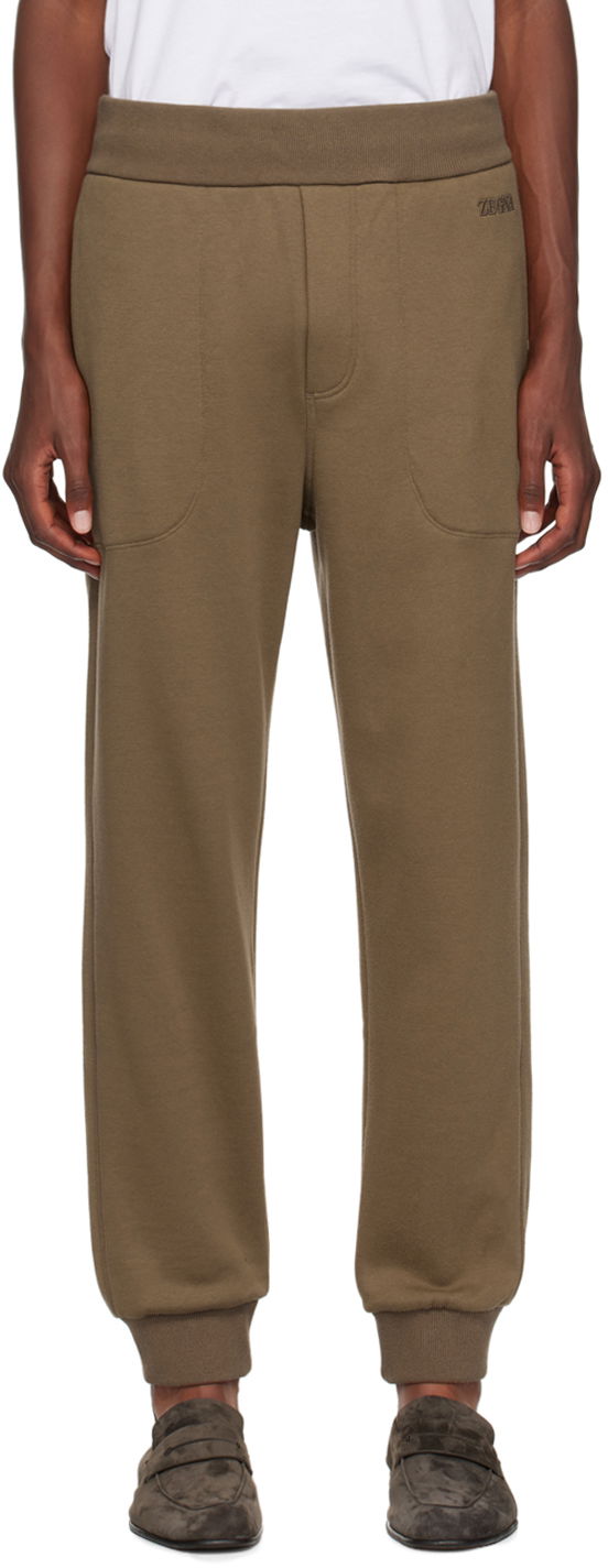 Verryttelyhousut ZEGNA Brown Embroidered-Logo Sweatpants Beige | N6N001830