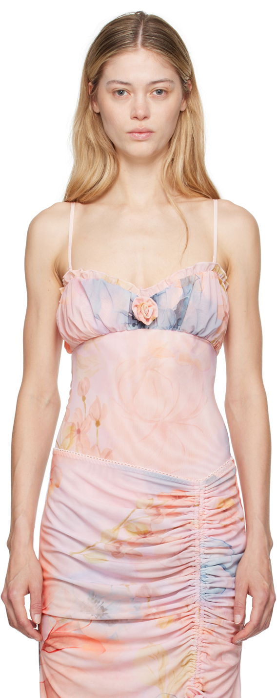 Body GUIZIO GUIZIO Adelpha Floral-Print Ruched Bodysuit Vaaleanpunainen | P24D02K067
