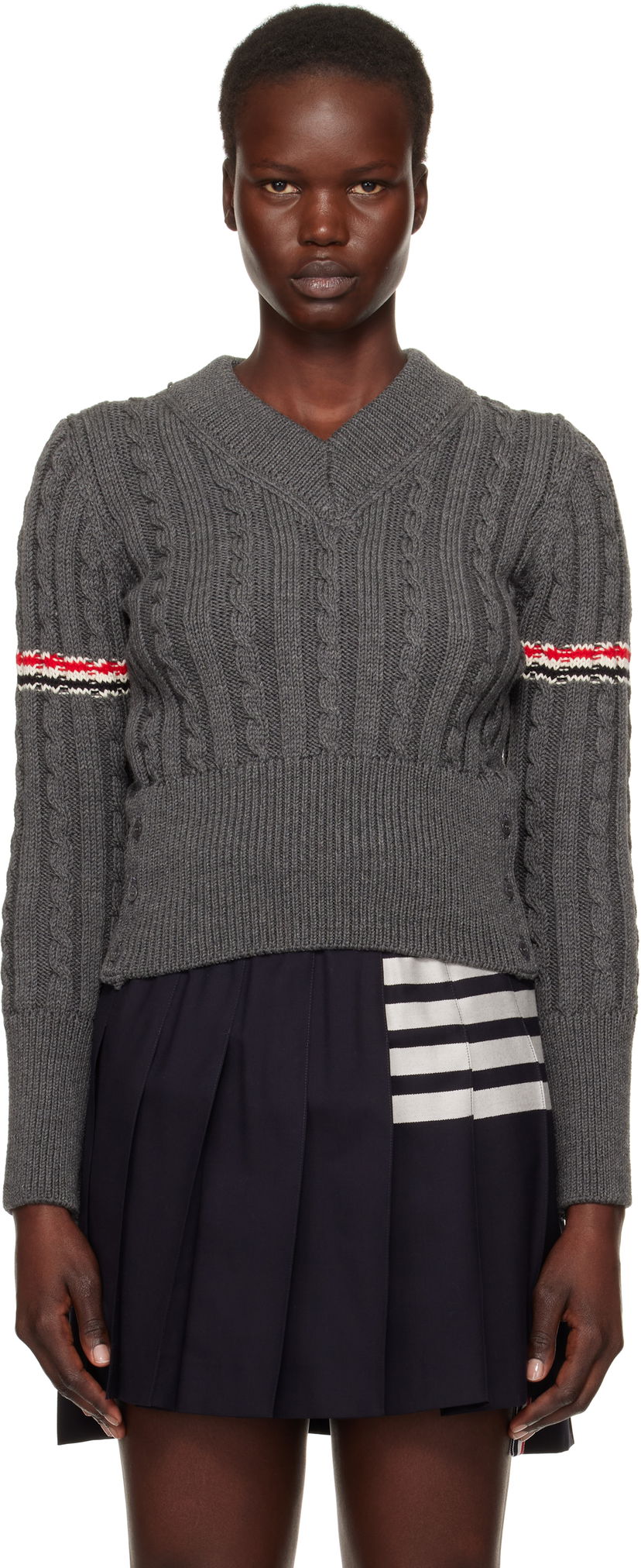 Villapaita Thom Browne Classic Cable V-Neck Wool Sweater Sininen | FKA479A-Y1024