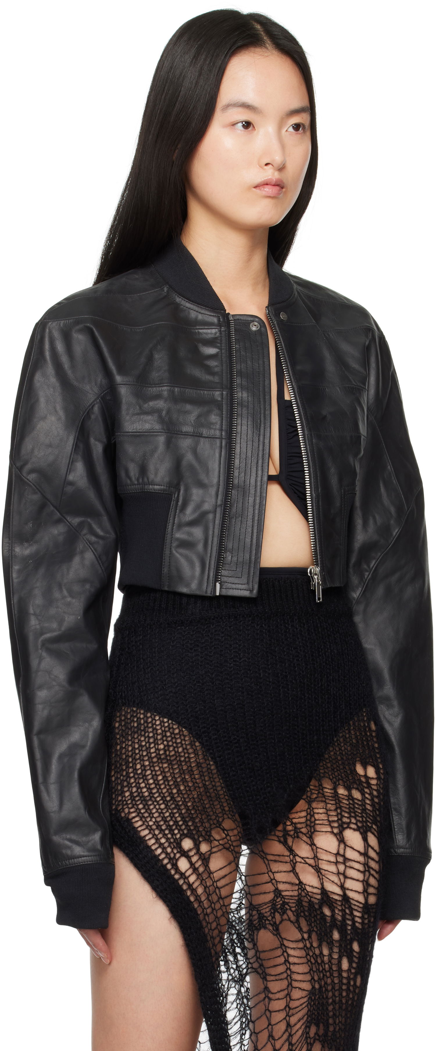 Bomber-takki Rick Owens Rick Owens Hollywood Girdered Cropped Leather Bomber Jacket Musta | RP01E7713 LTP, 1