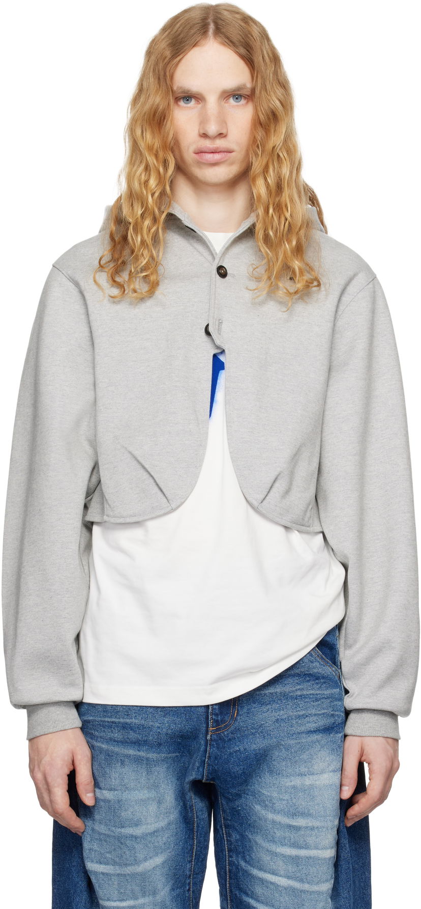 Huppari ADER ERROR Cropped Button Hoodie Harmaa | BN01FWHD0401GR