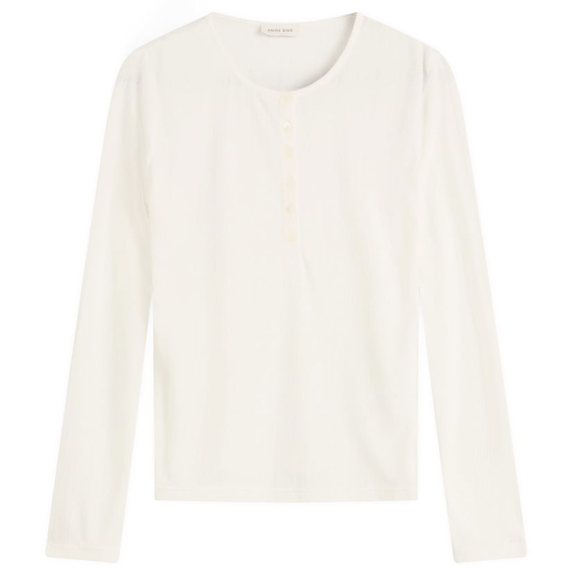 T-paita Anine Bing Anine Bing Pia Pointelle Long Sleeve T-Shirt, Size Large Valkoinen | A-08-11225-OFW26