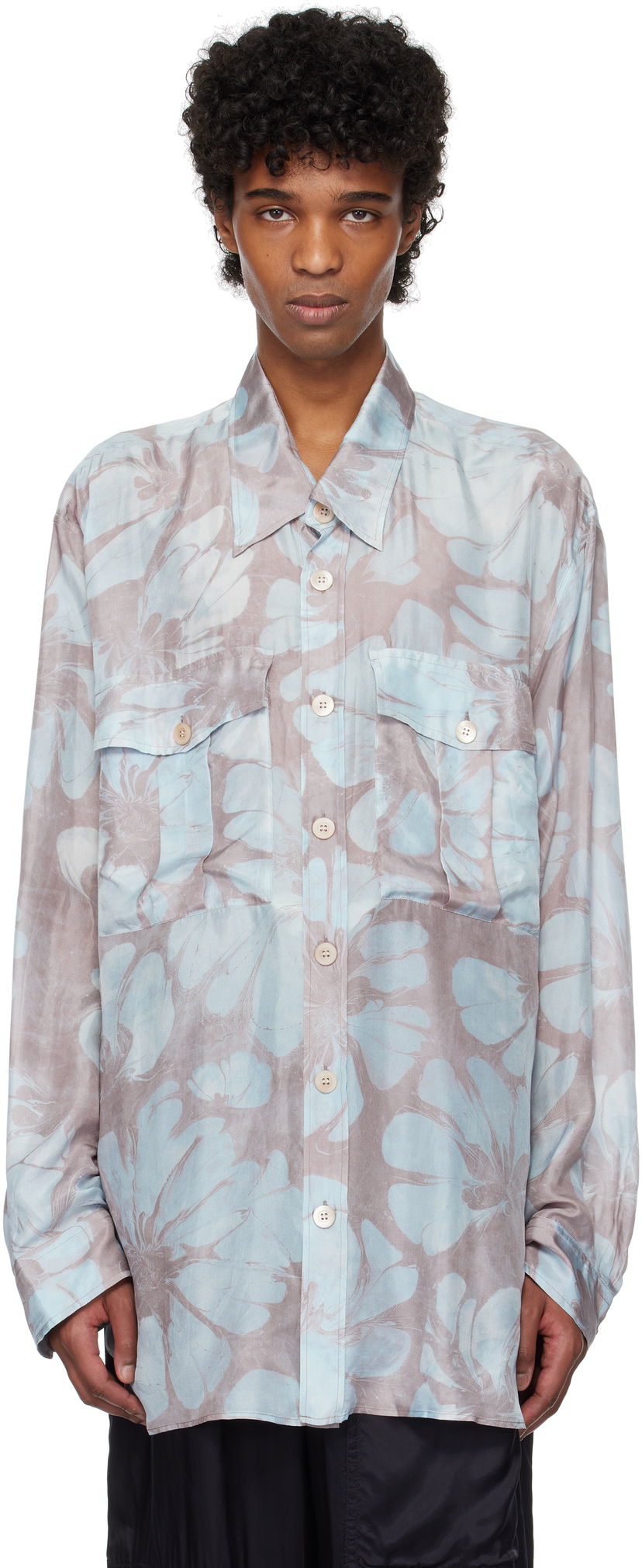 Paita Dries Van Noten Dries Van Noten Silk Floral-Print Shirt Sininen | 251-020721-1202