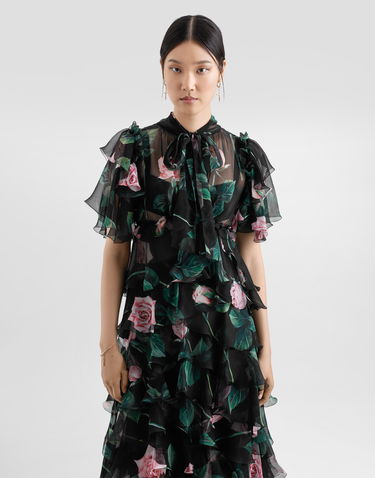 Mekko Dolce & Gabbana Dolce & Gabbana Rose Print Chiffon Calf-Length Dress with Ruffles Musta | F6B3ITIS1XAHN5IZ, 3