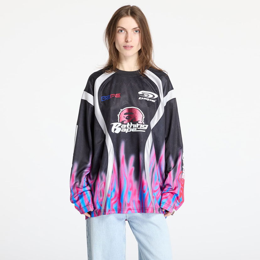 Jersey BAPE A BATHING APE Flame Pattern Relaxed Fit Football Jersey Musta | 001LTL301310MBLK