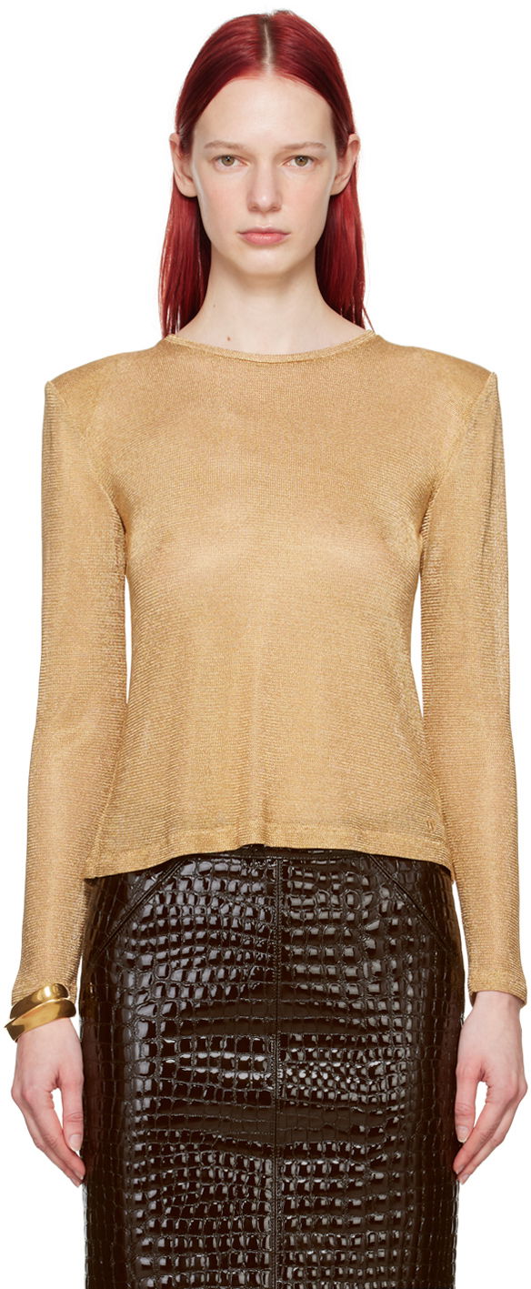 T-paita Tom Ford TOM FORD Padded Shoulder Long Sleeve T-Shirt Beige | TSJ574-JEX081