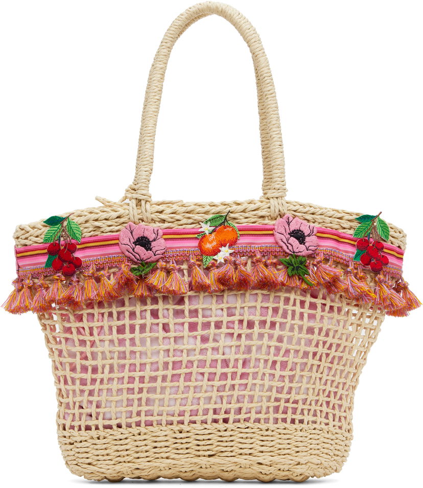Kangaskassi Anna Sui Anna Sui Raffia Tassel Tote Bag with Fruit Embroidery Beige | 225A92