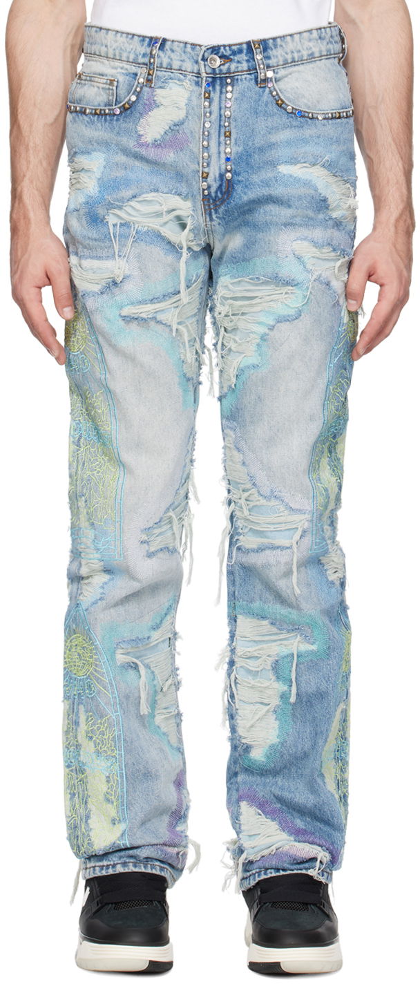 Jeans Who Decides War Embroidered Distressed Studded Washed-Effect Jeans Monivärinen | 1120830030SS24