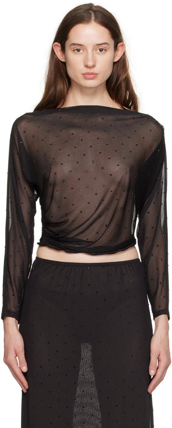 Crop top Anna Sui Anna Sui Rhinestone Mesh Long Sleeve Top Musta | 1024F22