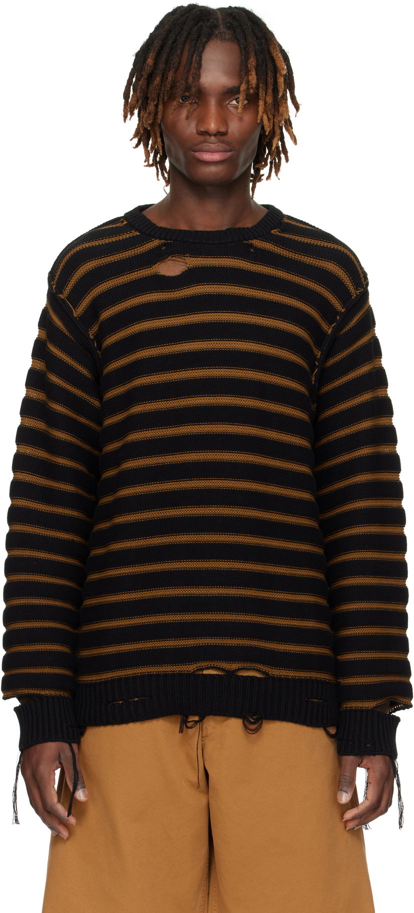 Villapaita Maison Margiela MM6 Maison Margiela Striped Distressed Cotton Knit Sweater Musta | SH0HL0022 M13080