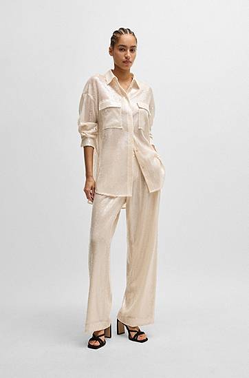 Paita BOSS Relaxed-Fit Sequin Blouse with Point Collar Beige | 50524263, 1