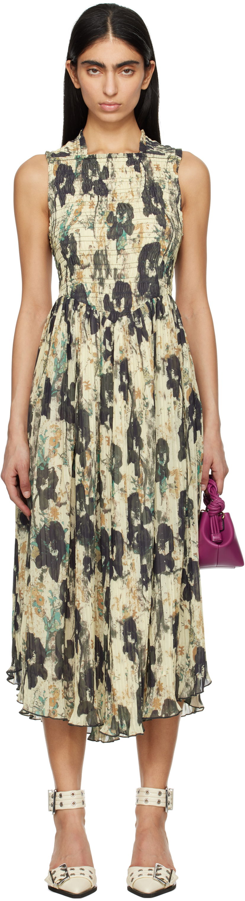 Mekko GANNI GANNI Printed Smocked Pleated Midi Dress Beige | W0209