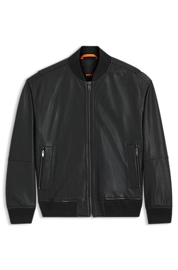Bomber-takki BOSS Regular-Fit Textured Leather Bomber Jacket Musta | 50547545, 0
