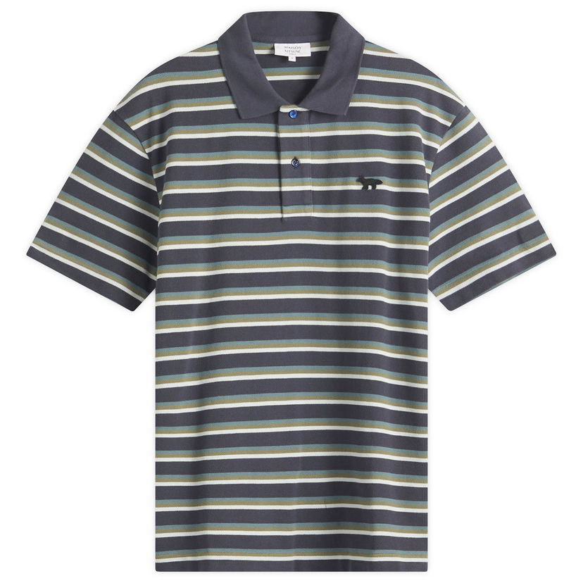 Poolopaita MAISON KITSUNÉ Maison Kitsuné Profile Fox Patch Stripe Polo, Size Large Harmaa | OM00209KJ7010-P476