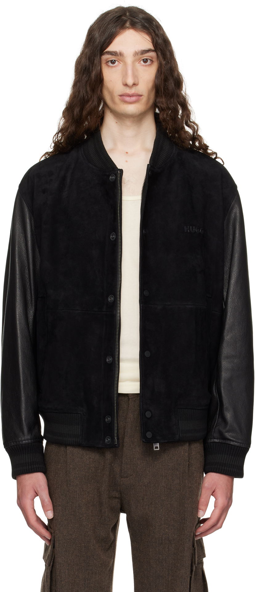Bomber-takki BOSS Hugo Embossed-Logo Suede & Leather Bomber Jacket Musta | 50541881