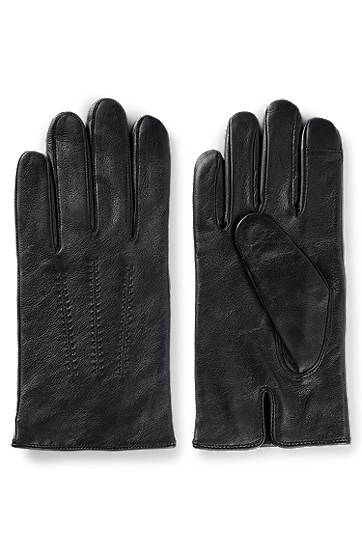 Käsineet BOSS Touchscreen-Friendly Leather Gloves with Metallic Logo Lettering Musta | 50526681