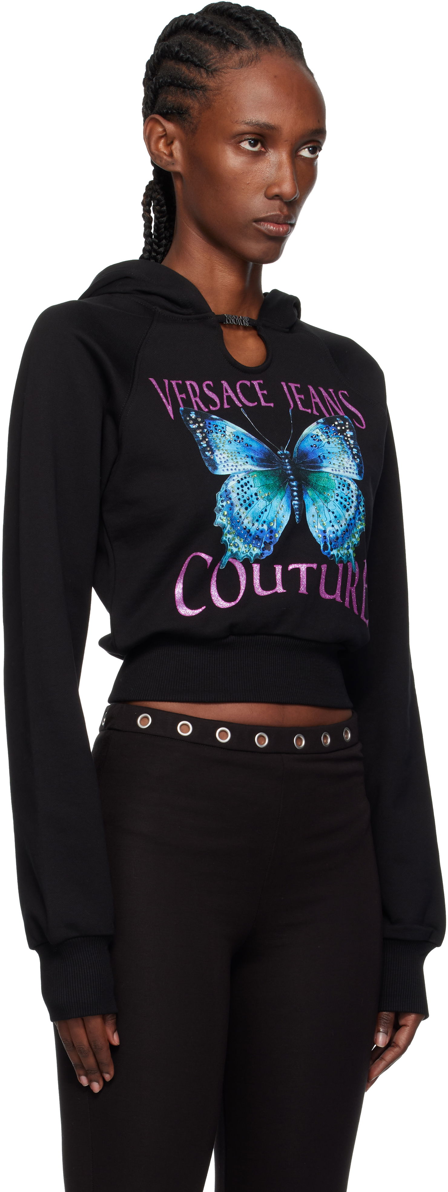 Huppari Versace Versace Jeans Couture Butterfly Graphic Cropped Hoodie with Keyhole Detail Musta | 79HAIB01-CFB00, 1