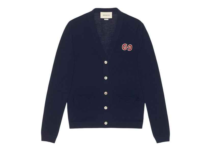 Villapaita Gucci GG Logo Patch Cardigan Dark Blue Tummansininen | 576815 XKA0W 4440
