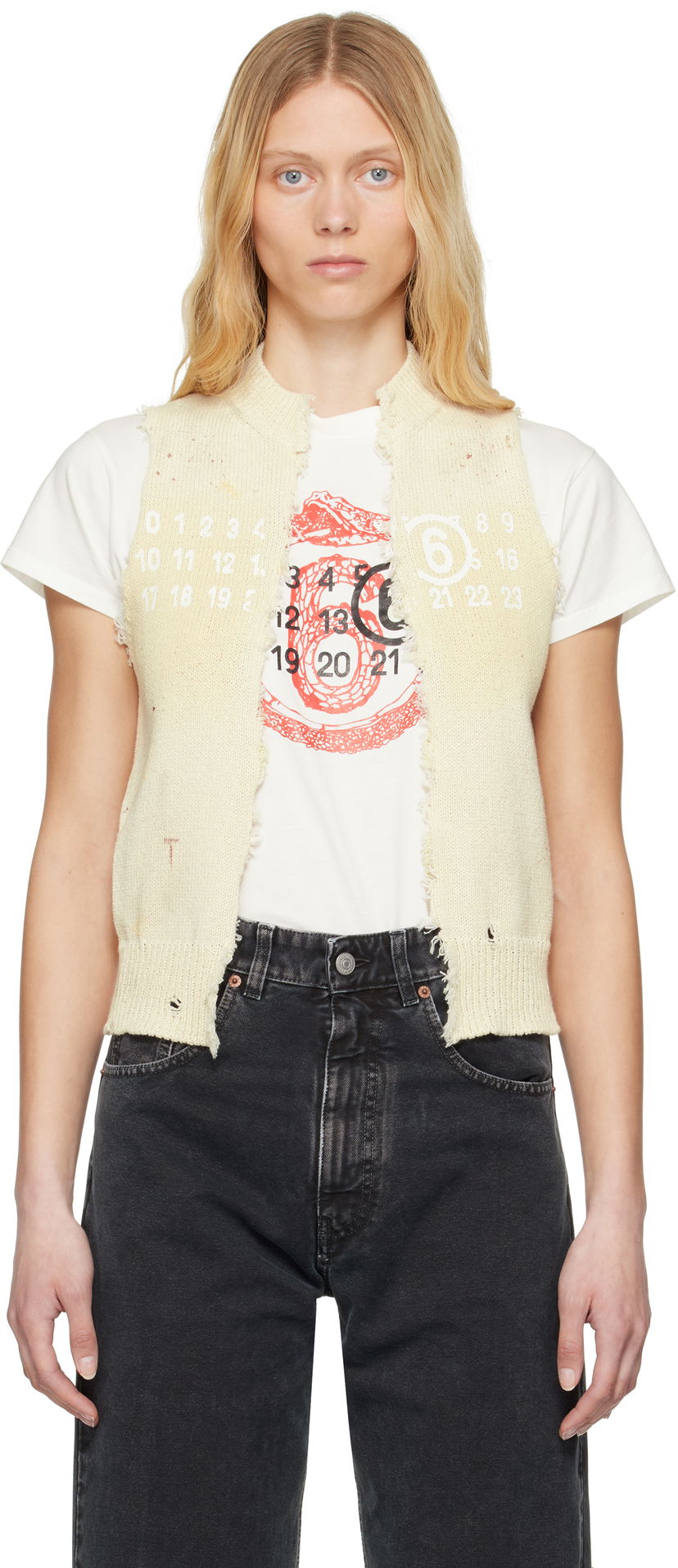 Villapaita Maison Margiela MM6 Maison Margiela Open Cut Printed Vest Beige | S62FB0075 M13123