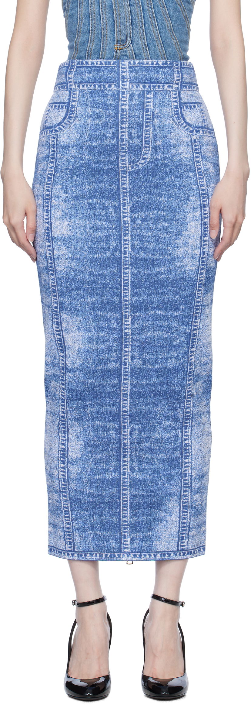 Hame Balmain Denim Effect Knit Midi Skirt Sininen | EF1LD475KH80