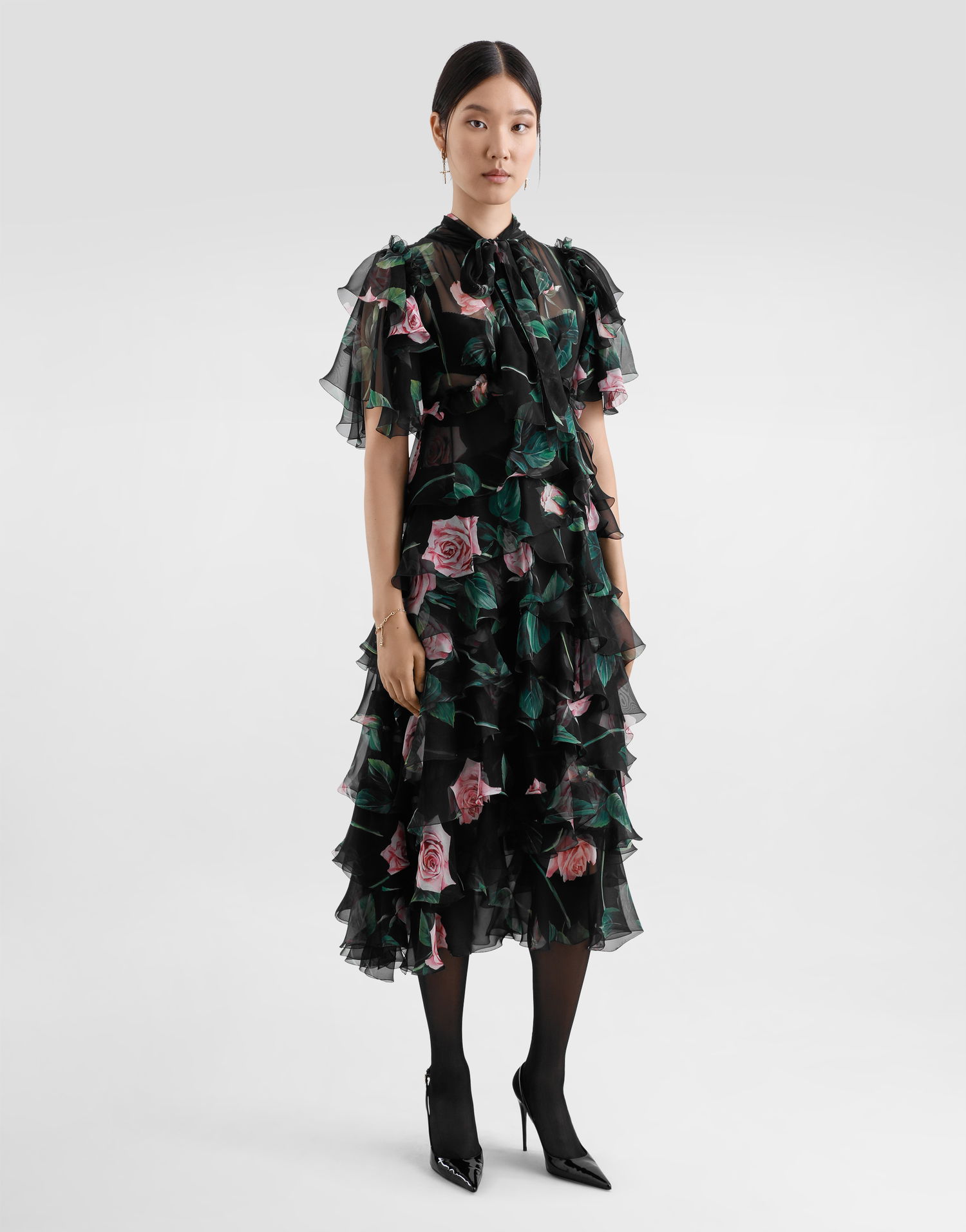Mekko Dolce & Gabbana Dolce & Gabbana Rose Print Chiffon Calf-Length Dress with Ruffles Musta | F6B3ITIS1XAHN5IZ, 1