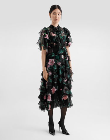 Mekko Dolce & Gabbana Dolce & Gabbana Rose Print Chiffon Calf-Length Dress with Ruffles Musta | F6B3ITIS1XAHN5IZ, 1