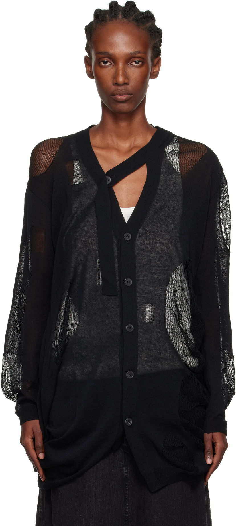 Villapaita Yohji Yamamoto YOHJI YAMAMOTO Plain Stitch & Pattern Draped Cardigan Musta | FP-K12-982