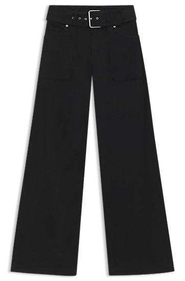 Housut BOSS Belted Wide-Leg Stretch-Cotton Satin Trousers Musta | 50548143