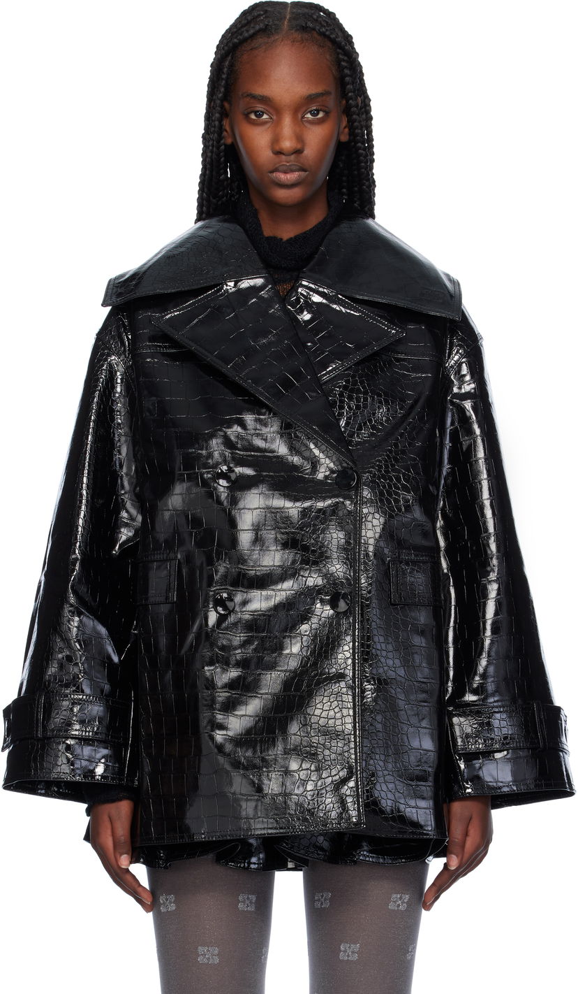 Trenssitakki GANNI Croc-Embossed Faux-Leather Blazer Musta | F9463