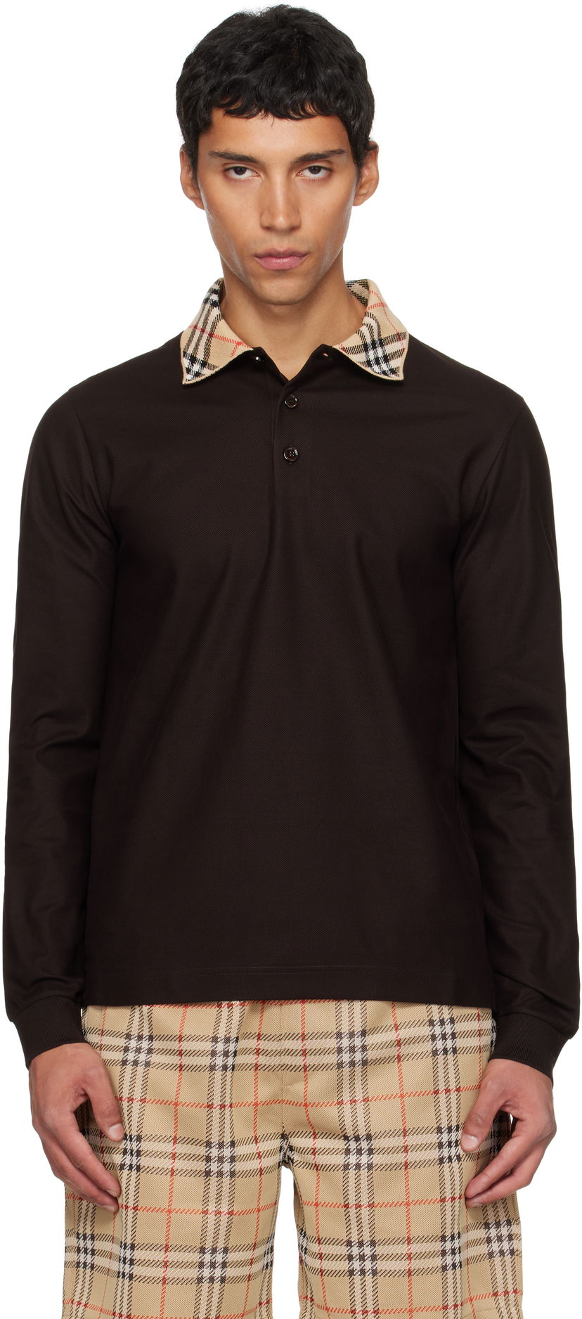 Poolopaita Burberry Burberry Long Sleeve Polo with Check Collar Ruskea | 8116012