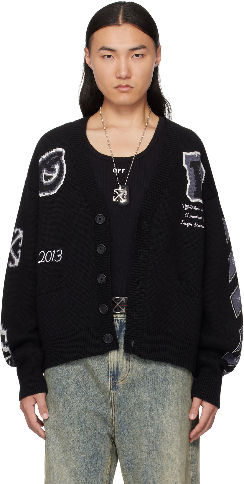 Villapaita Off-White Off-White Varsity Knit Cardigan Musta | OMHB019C99KNI0031010