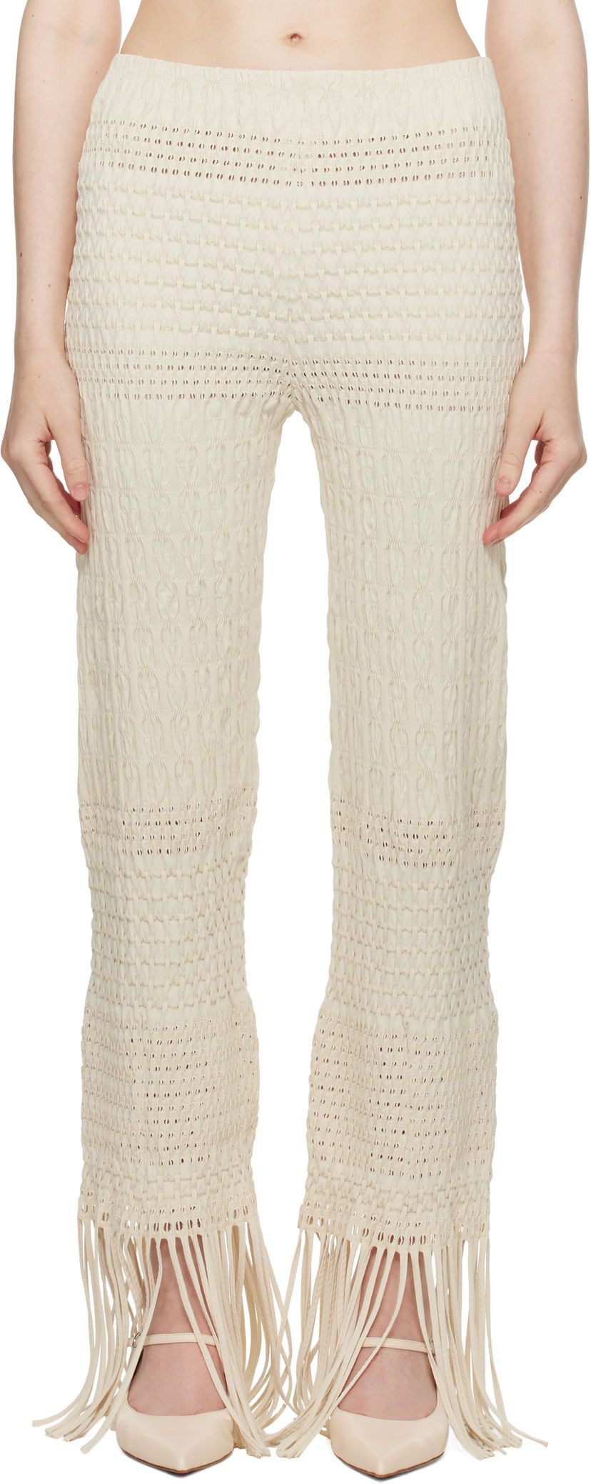 Housut Nanushka Nanushka Miciel Fringe Knit Trousers Beige | NW25SSPA27105