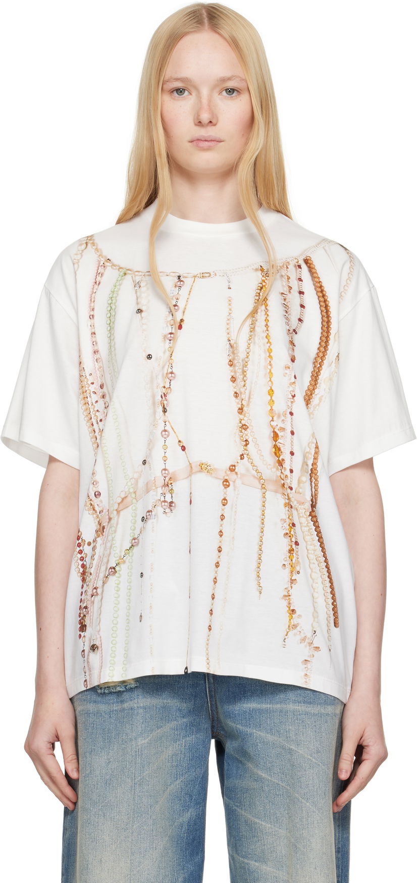 T-paita Maison Margiela MM6 Maison Margiela Jersey T-Shirt with Beaded Graphic Valkoinen | S62GD0201 M20113