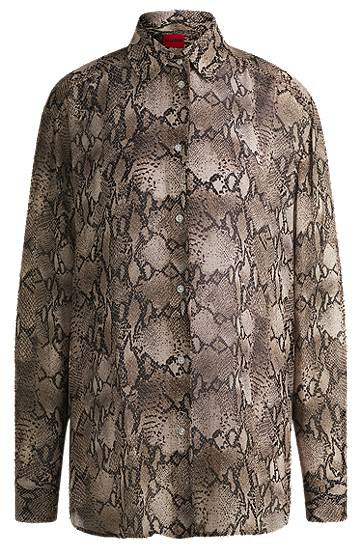 Paita BOSS Oversized Python-Print Crepe de Chine Blouse Ruskea | 50539779