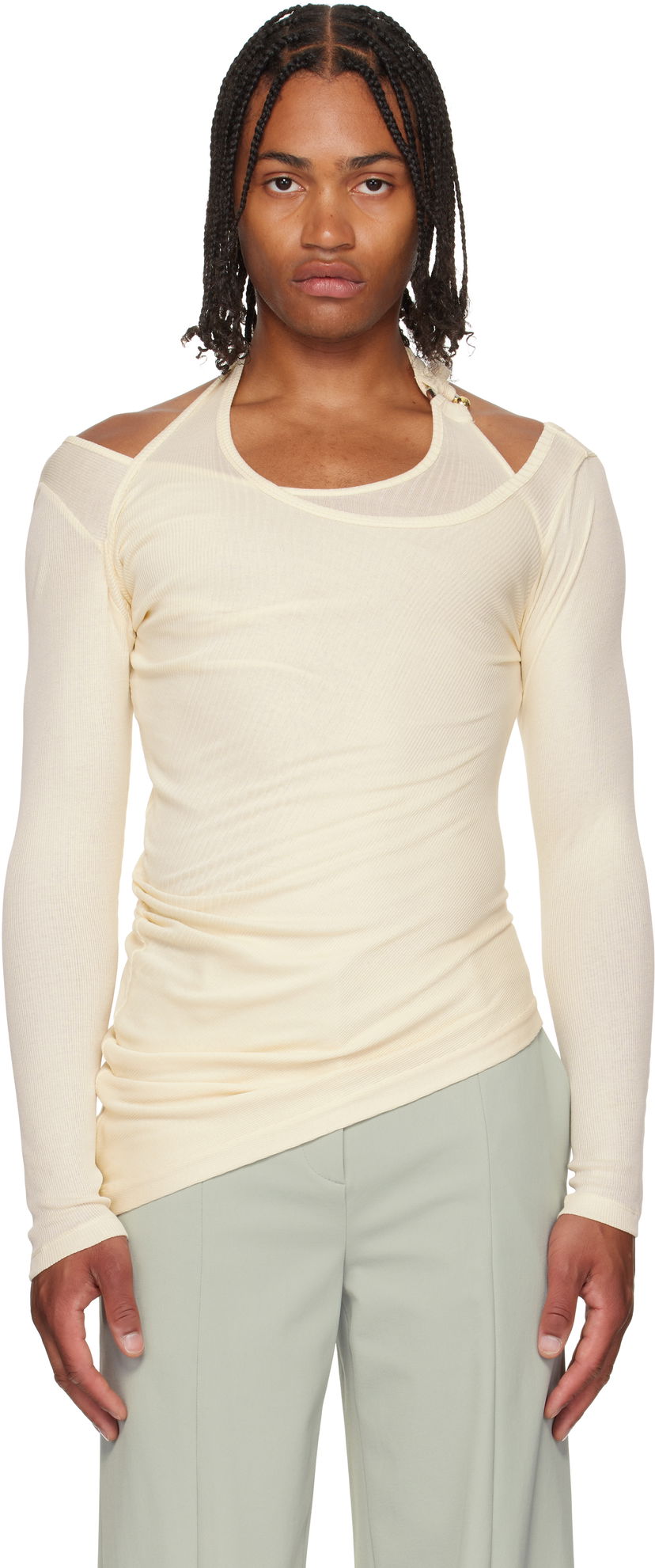 T-paita Jean Paul Gaultier Jean Paul Gaultier 'Gaultier' Piercing Detail Long Sleeve Top Beige | 25/03-W-TO287-J000-03