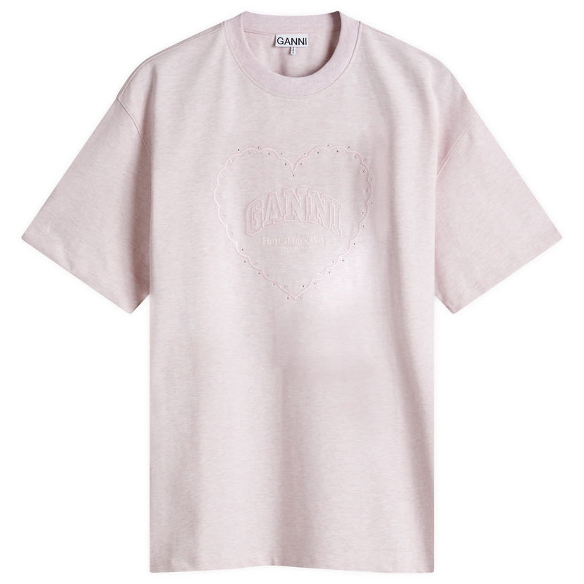 T-paita GANNI GANNI Heart Drop Shoulder T-Shirt, Size Large Vaaleanpunainen | T4090-868