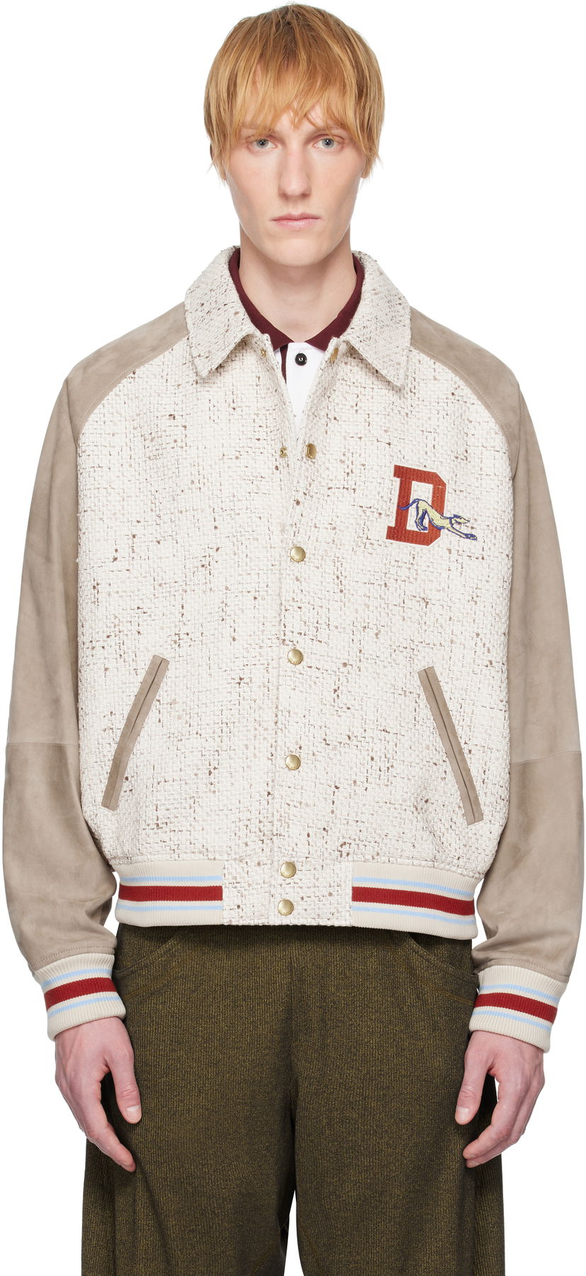 Bomber-takki Drôle de Monsieur Drôle De Monsieur 'Le Bomber Tweed' Leather Bomber Jacket Beige | G-JT220-CO181-EC