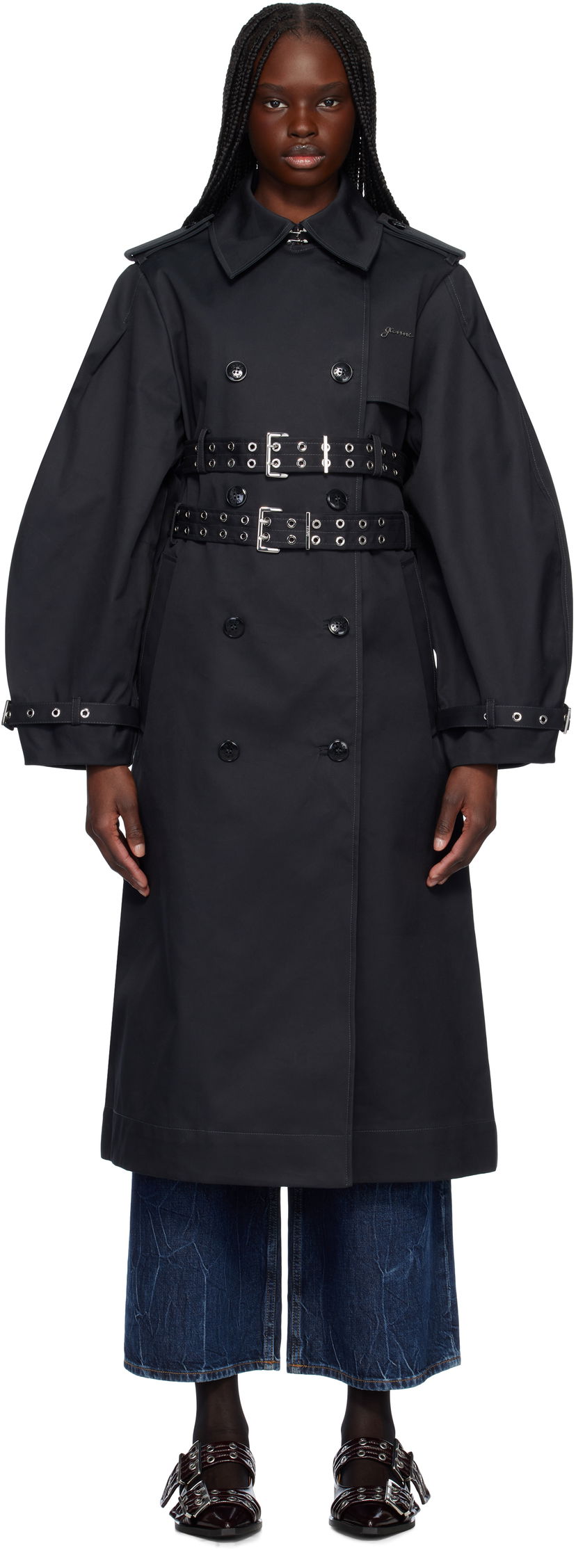 Trenssitakki GANNI Ganni Bonded Cotton Trench Coat Musta | W0395