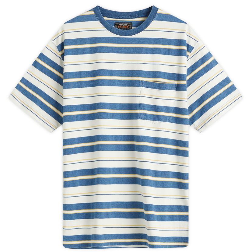 T-paita BEAMS Beams Plus Multi Stripe Pocket T-Shirt, Size Large Sininen | 3804-0087-156-70