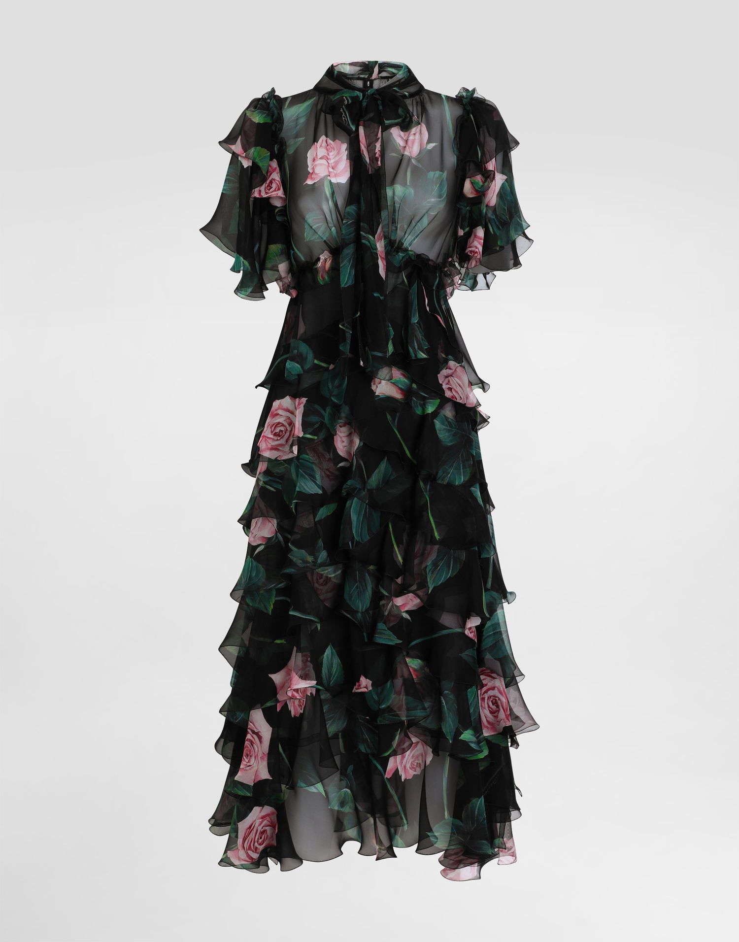 Mekko Dolce & Gabbana Dolce & Gabbana Rose Print Chiffon Calf-Length Dress with Ruffles Musta | F6B3ITIS1XAHN5IZ, 0