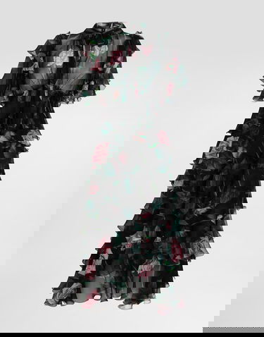 Mekko Dolce & Gabbana Dolce & Gabbana Rose Print Chiffon Calf-Length Dress with Ruffles Musta | F6B3ITIS1XAHN5IZ, 0