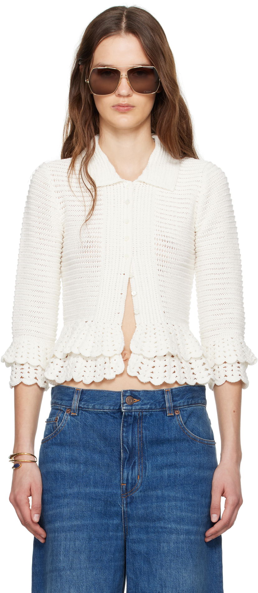 Villapaita CHLOÉ Chloé Fitted Ruffled Cropped Cardigan Valkoinen | CH25UMP05545
