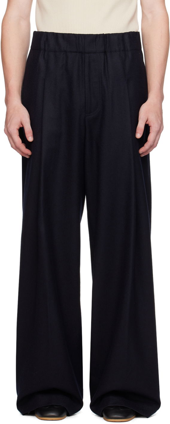 Housut Dries Van Noten Navy Wide Wool Trousers Musta | 242-020938-9211