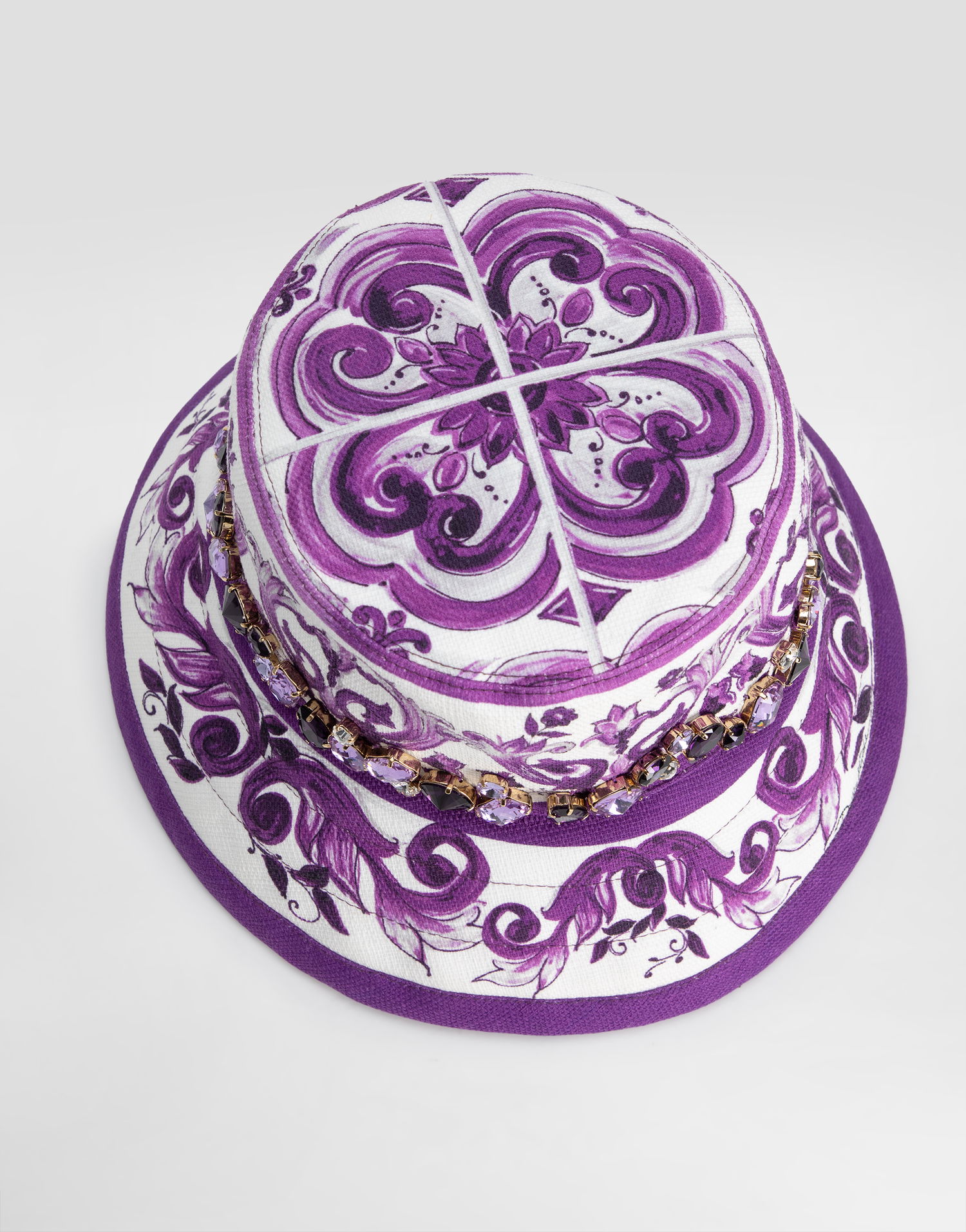 Hattu Dolce & Gabbana Dolce & Gabbana Majolica-Print Bucket Hat with Jewels Violetti | FH671ZFPFSUIP3TN, 1