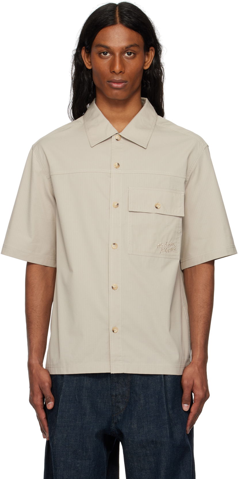 Paita MAISON KITSUNÉ Maison Kitsuné Short Sleeve Overshirt Beige | OM00429WW9020