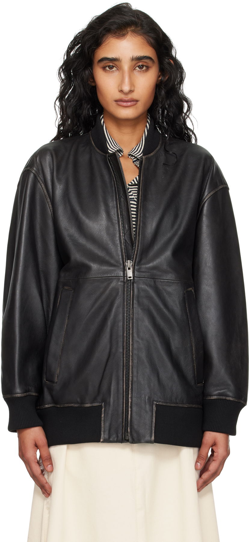 Bomber-takki Max Mara Weekend Max Mara Tattico Leather Jacket Musta | 2525446031600