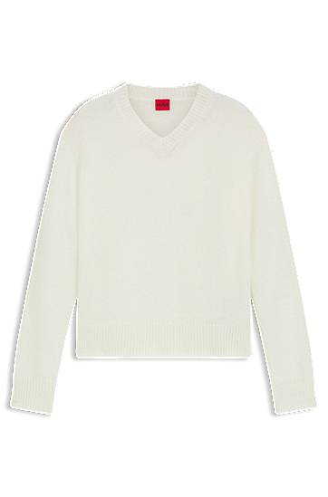 Villapaita BOSS Wool Blend V-Neck Sweater with Logo Valkoinen | 50545092