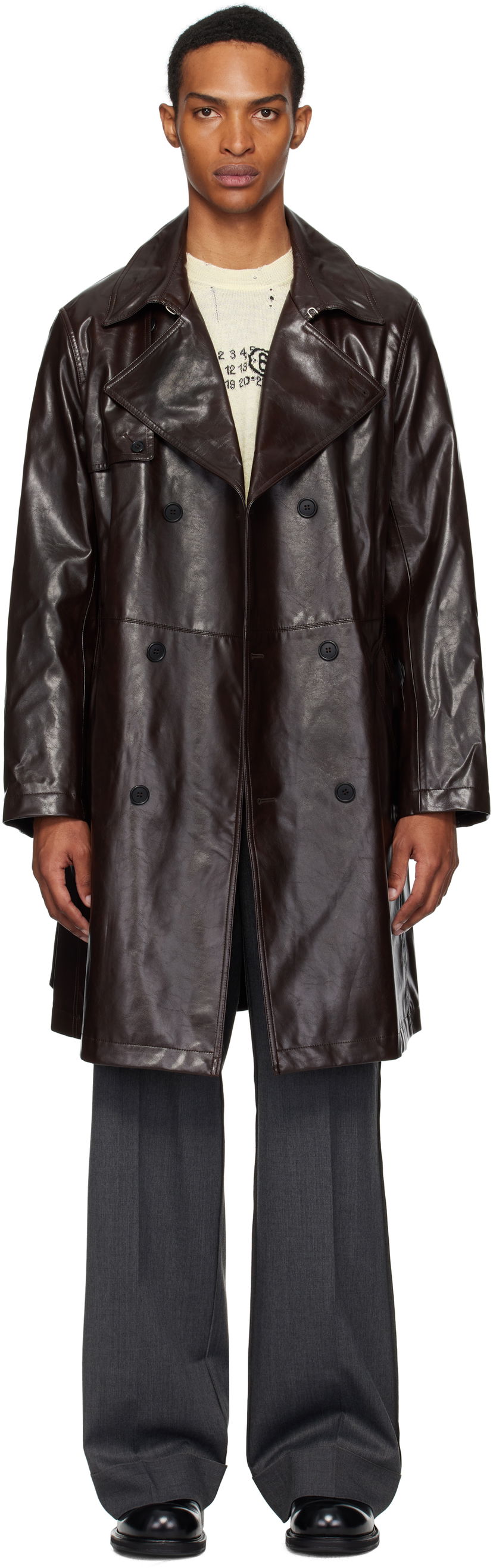 Trenssitakki Maison Margiela MM6 Maison Margiela Double-Breasted Faux-Leather Jacket Ruskea | SH0AH0006 M35465