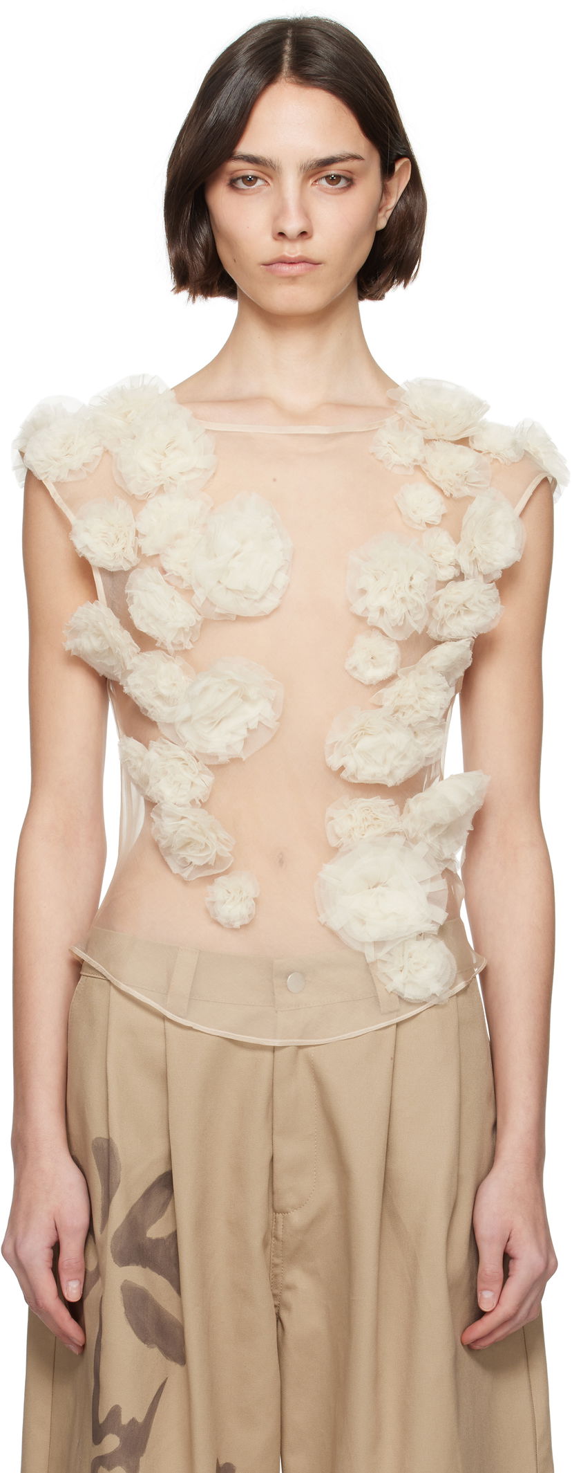 Tankkitoppi Collina Strada Collina Strada Meadow Path Floral Appliquéd Tulle Tank Top Beige | XX3057