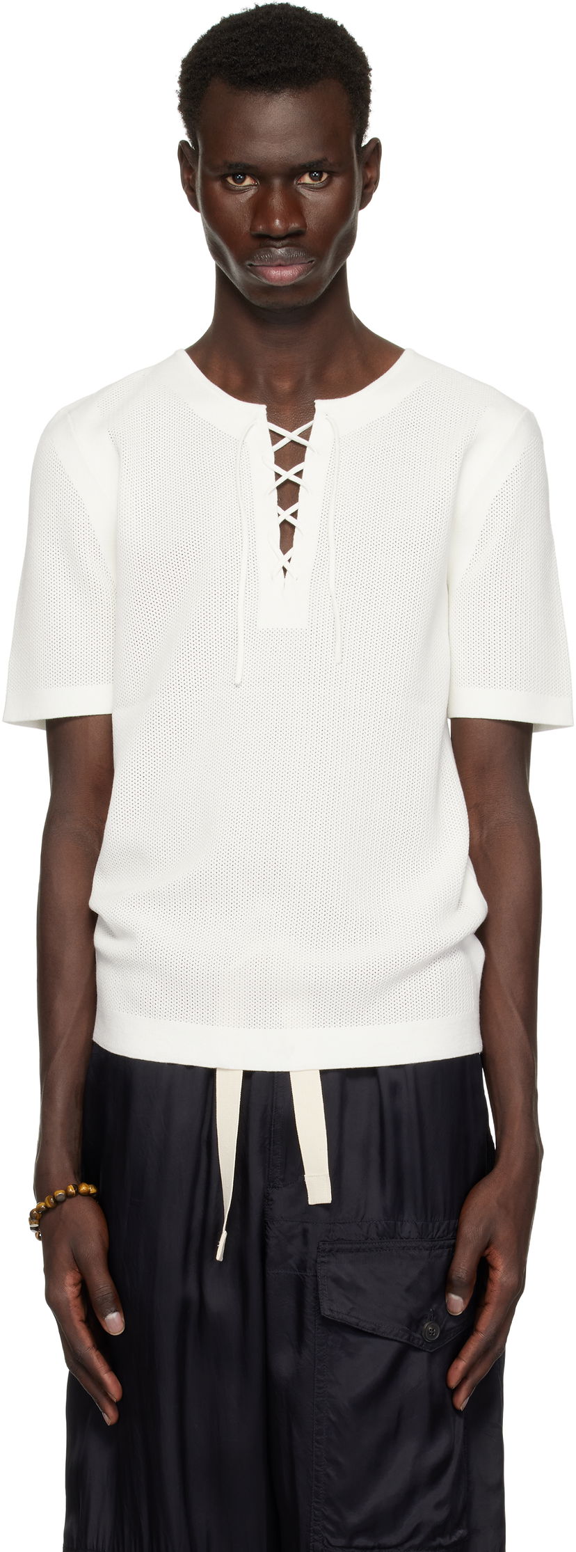 T-paita Dries Van Noten Dries Van Noten Knit Lace-Up T-Shirt Valkoinen | 251-021201-1701